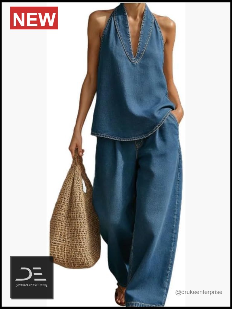 Sleeveless Halter Vest Top And Wide Leg Pants Denim 2 Piece Set